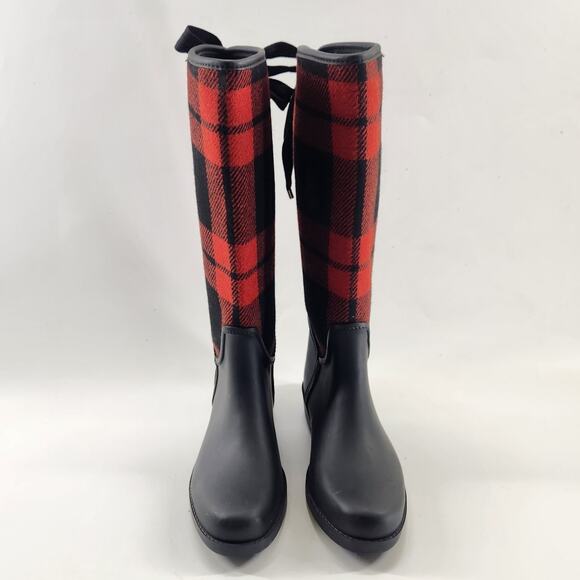 Coach Tristee Rain Boots Red Black Buffalo Plaid 7B Ribbon Back Tie Waterproof - Picture 3 of 9